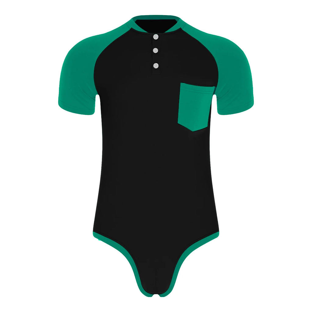 Men Workout Fitness Gym Sport Bodysuit Short Sleeve Openable Crotch Patchwork Jumpsuit for Workout Gym Sports Swimming Outfits