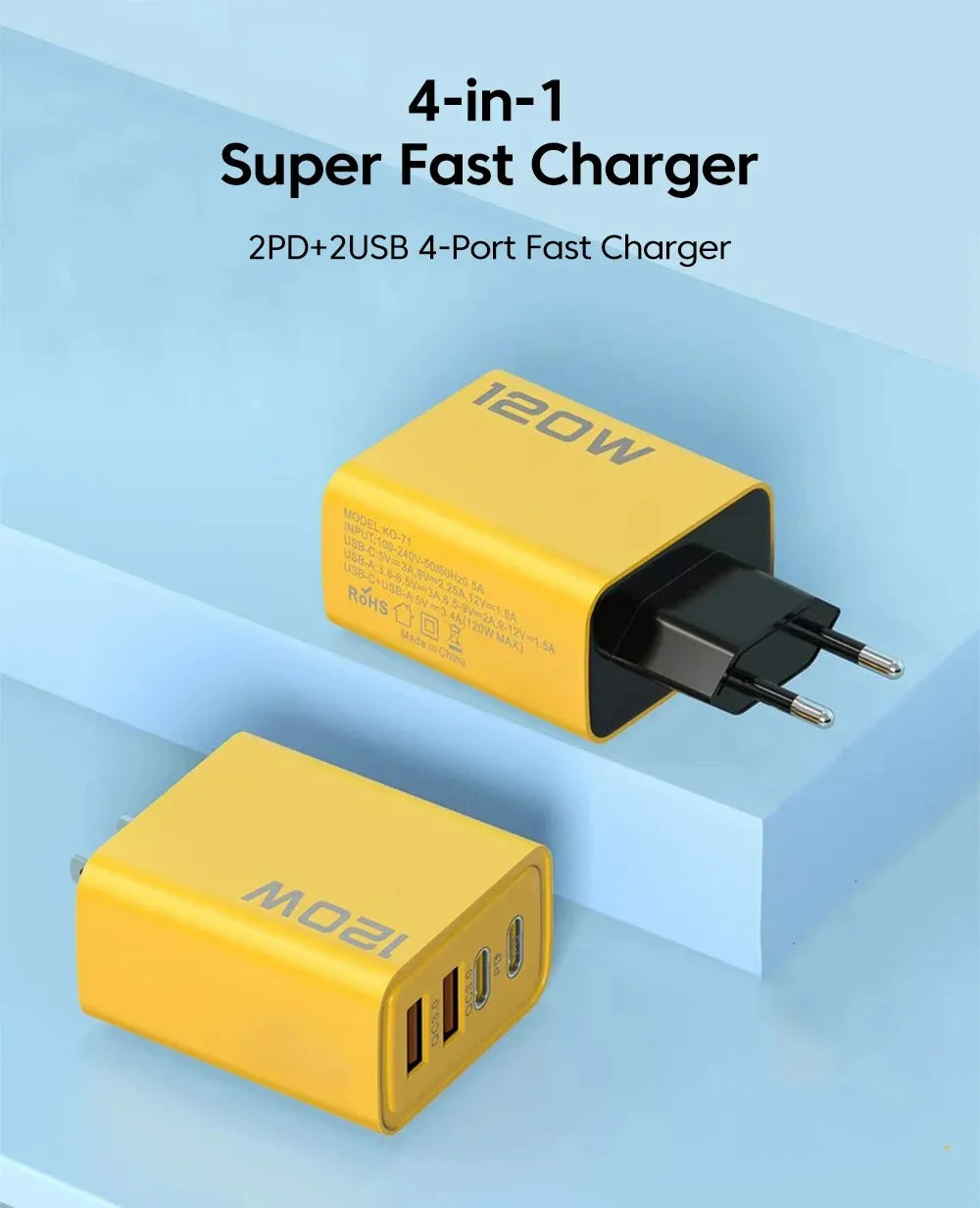 4 Port USB C PD Charger Total 120W Fast Charger Type C Quick Charge 3.0 USB Charger Adapter For iPhone Samsung Xiaomi Phone Plug