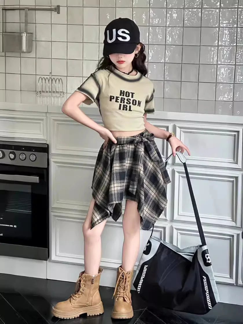 junior Girls Summer skirt Set 2024 Fashion Cotton Short t-shirt Irregular plaid Skirt Two Piece kids clothes suit child outfits
