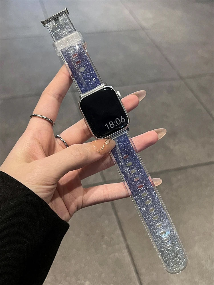Luxury Glitter Clear Band For Apple Watch Strap 41mm 45mm 44mm 40mm 38mm Girl Sport Plastic Starp For iWatch 9 8 7 6 5 4 3 2 SE