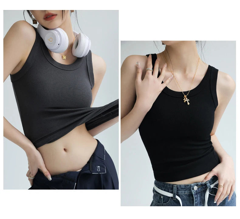 Women Thread Tank Tops With Built In Bra Padding Summer 2025 Trend Solid Outerwear Camisole Stretch Sleeveless White Tops Women