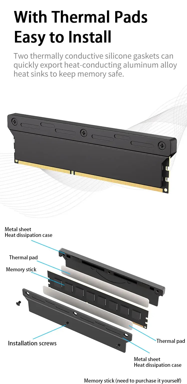 Computer RAM Memory Heatsink Cooler with Thermal Conductive Pad for Desktop PC Memory DDR2/DDR3/DDR4/DDR5