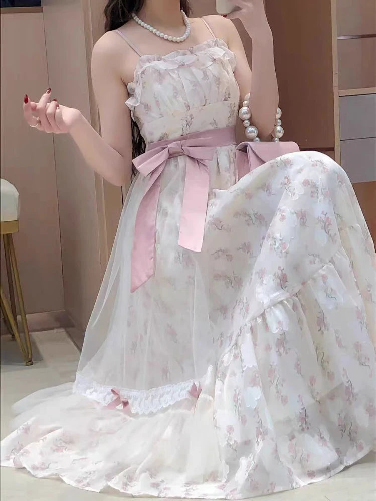 Design Sweet Summer Sling Dress 2-piece Set Women Fashion France Bow Lace Print Fairy Dresses Elegant Chic New Sunscreen Shirt