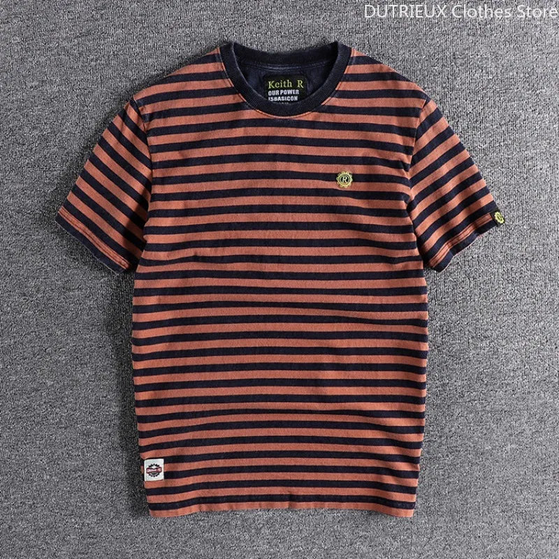 Retro and Aged Casual Short-sleeved T-shirt, High-quality Men's Striped Cotton T-shirt, Sweat-absorbing & Breathable Sports Top