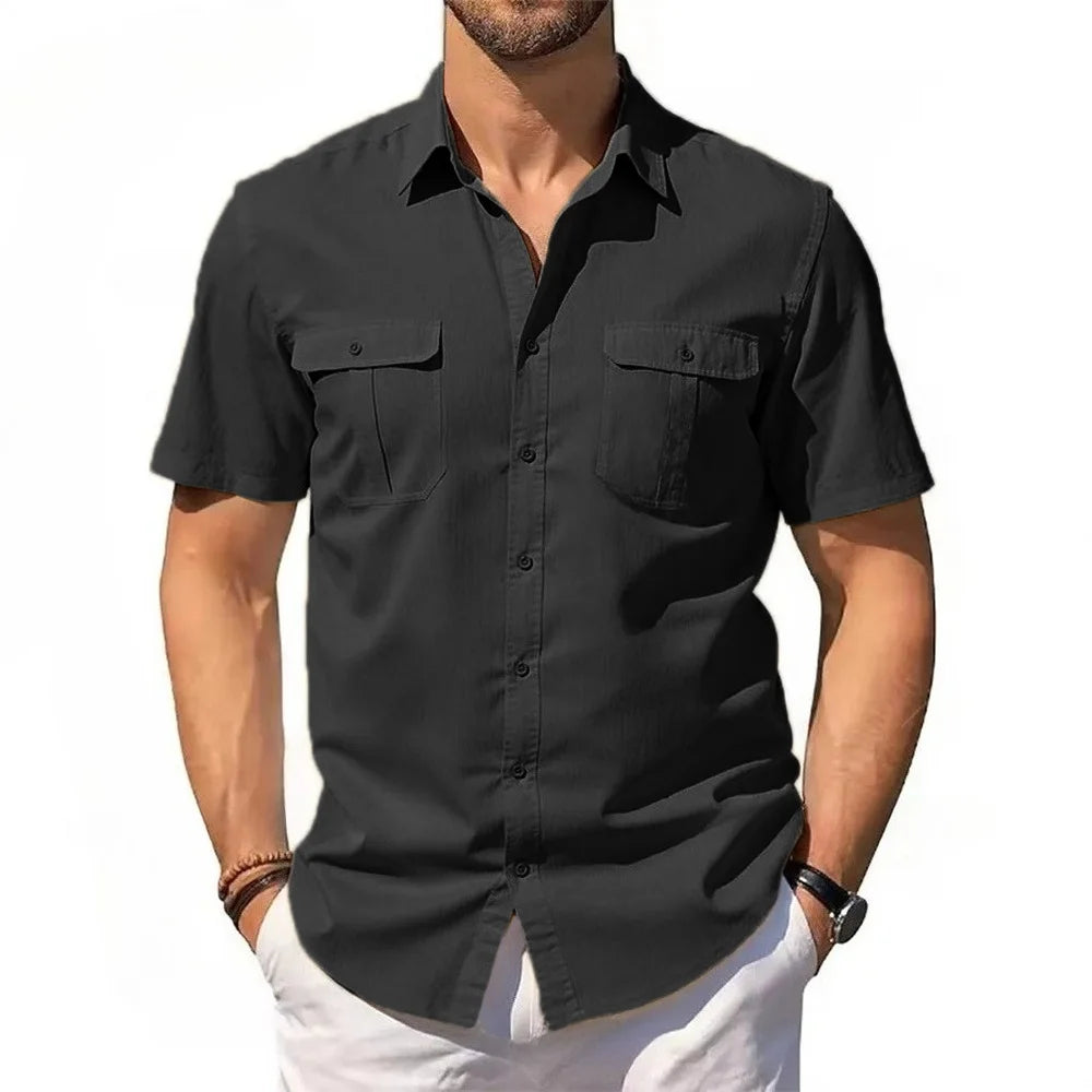 Men's Double Pocket Short Sleeve Shirt Cotton Linen Casual Vacation Beach Shirt Lightweight Streetwear Solid Color Slim Fit Tops