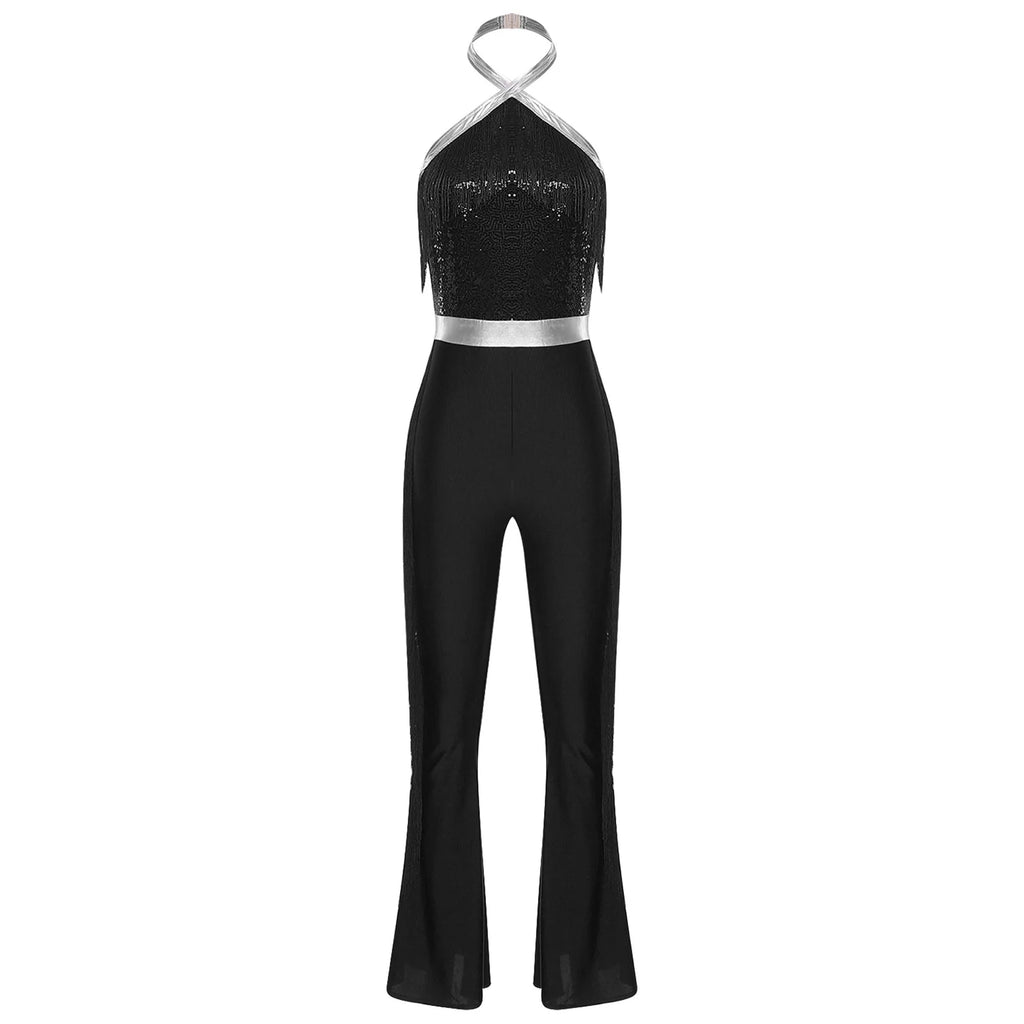 Womens 70s Disco Party Jumpsuit Halter Shiny Sequins Tassel Flared Pants Latin Jazz Dance Rompers Rave Festival Prom Clubwear