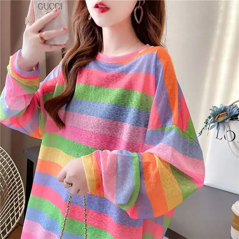Rainbow Striped Long-sleeved Pullover Sunscreen for Women in Summer Light Top Oversize Mesh Versatile Air Conditioning Shirt