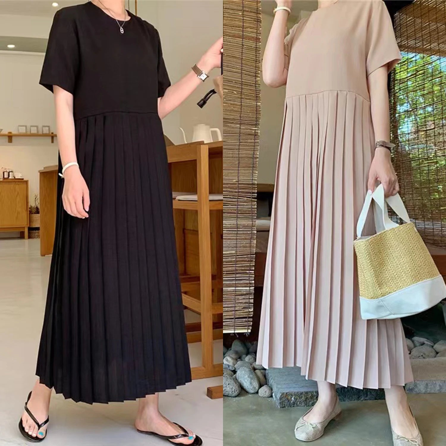 Summer 2024 Korean Sle Loose Slimming ort Sve Chiffon Pleated Long Dr Women's Casual Knee-Over Maxi Dr