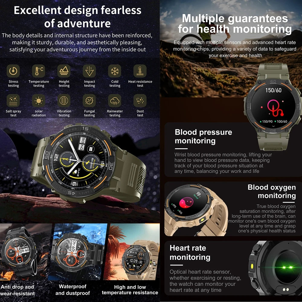 Outdoor Military Rugged Smartwatch Men GPS Sports Fitness Waterproof Watch Bluetooth Call with LED Lights Smart Watch