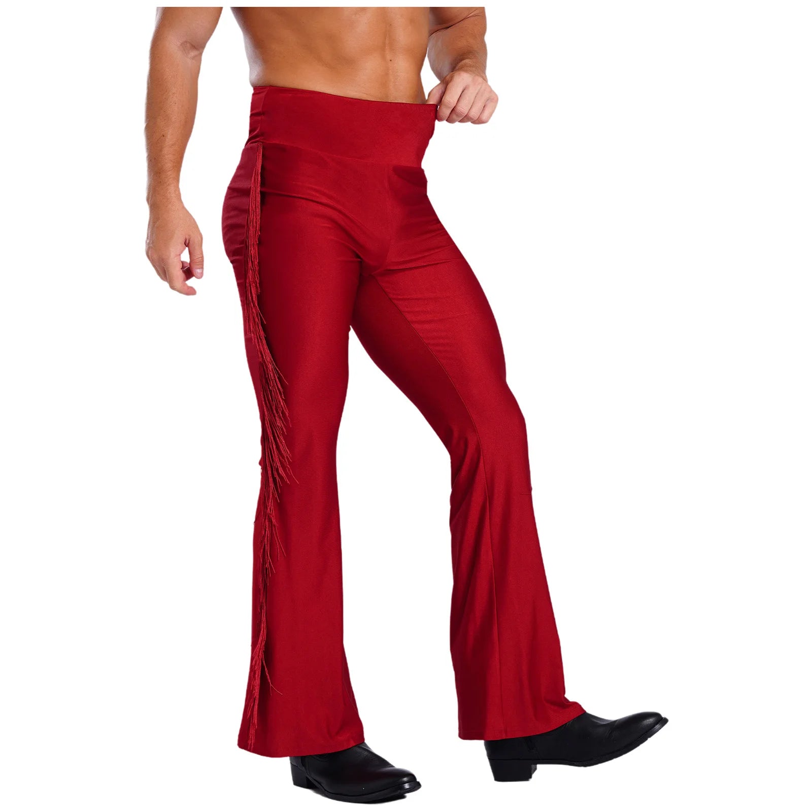 Mens Tassel Flared Pants Vintage Bell-Bottom High Waist Trousers for Jazz Latin Dance Stage Performance Club Disco Party Costume