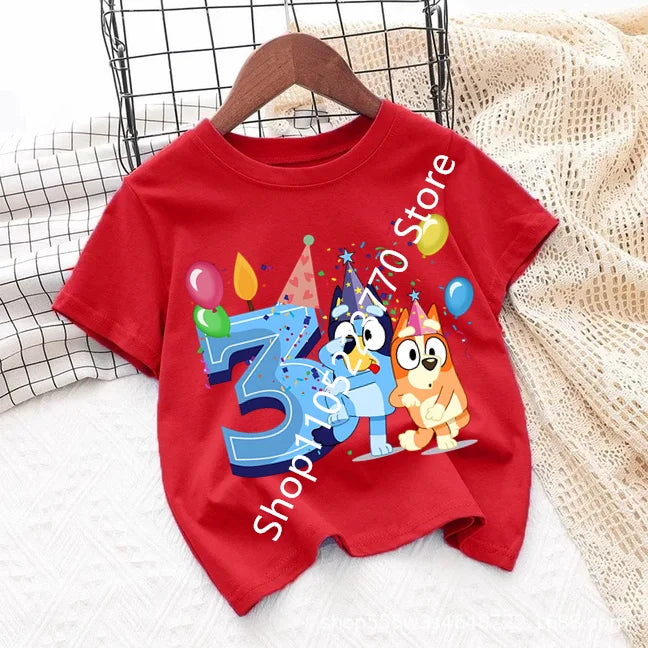 Bluey Baby Birthday T Shirt for Boys Girl Bingo Number Kids Clothes Summer Cartoon Letter Tees Shirts Toddler Short Sleeve Tops
