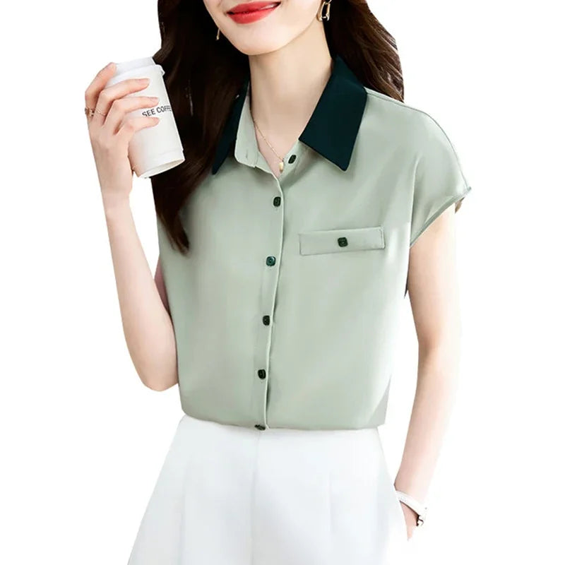 Elegant Lapel Button Spliced All-match Shirt Women's Clothing 2025 Summer New Loose Casual Tops Short Sleeve Office Lady Blouse