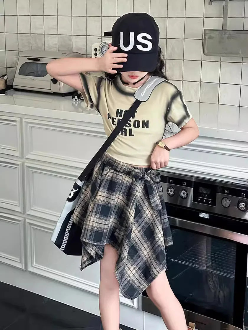 junior Girls Summer skirt Set 2024 Fashion Cotton Short t-shirt Irregular plaid Skirt Two Piece kids clothes suit child outfits