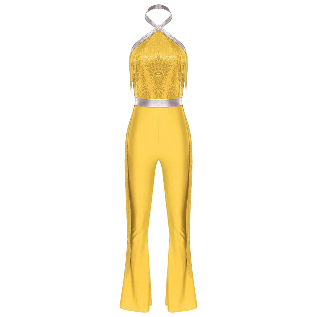 Womens 70s Disco Party Jumpsuit Halter Shiny Sequins Tassel Flared Pants Latin Jazz Dance Rompers Rave Festival Prom Clubwear