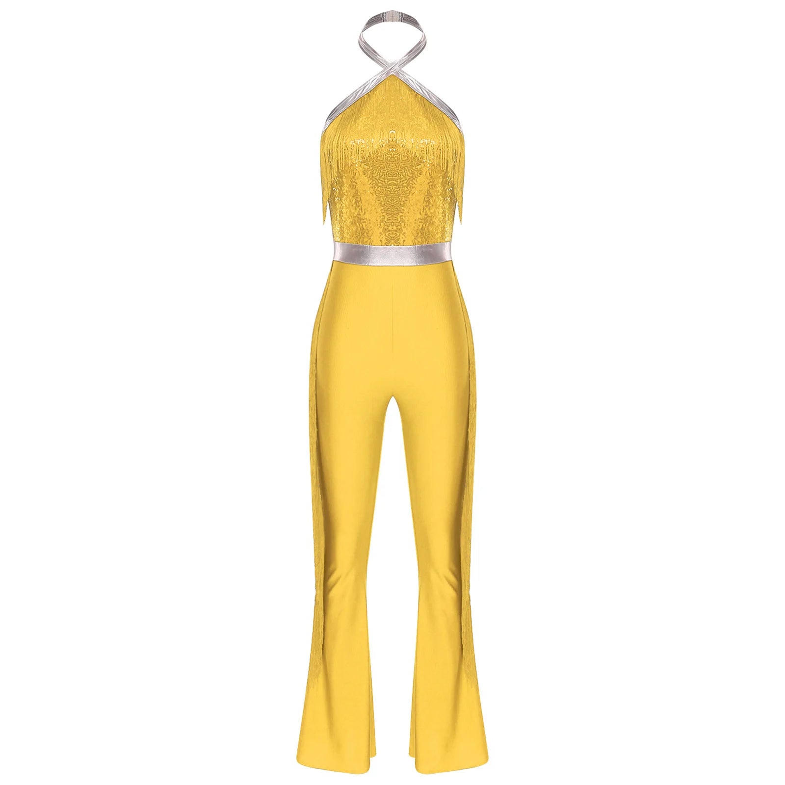 Womens 70s Disco Party Jumpsuit Halter Shiny Sequins Tassel Flared Pants Latin Jazz Dance Rompers Rave Festival Prom Clubwear