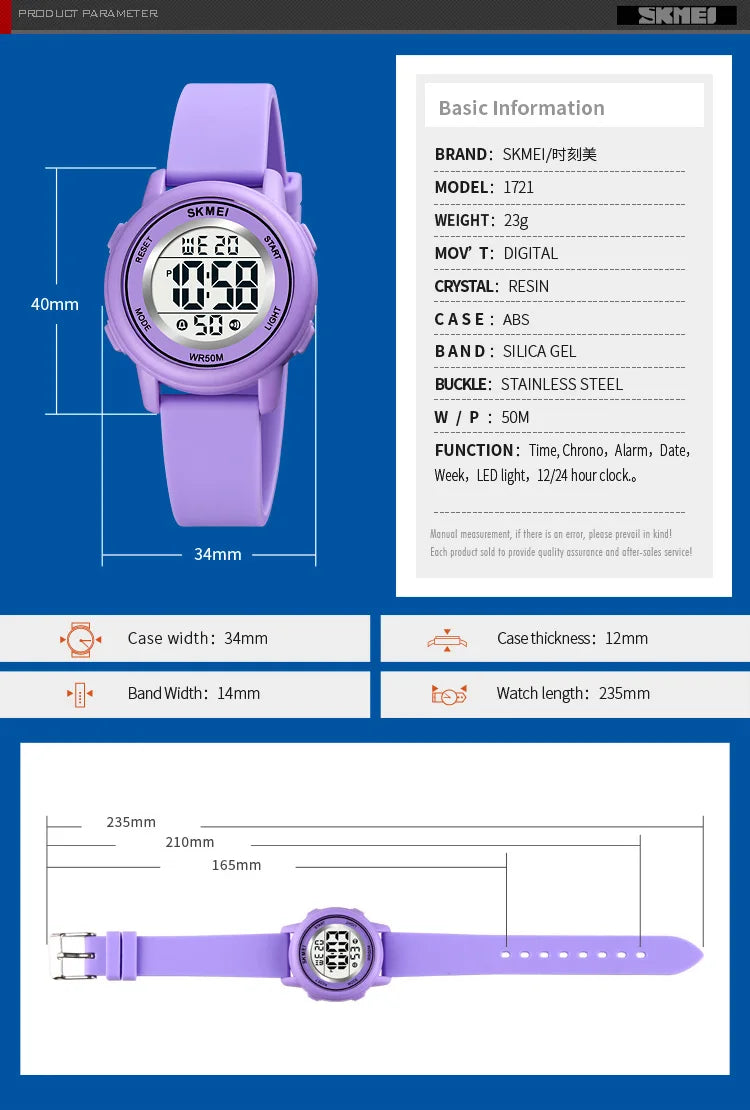 SKMEI 1721 Children Digital Color Shockproof Wristwatch for Boy Girl Sport Waterproof Colorful Kids Electronic Watch Clock 1266
