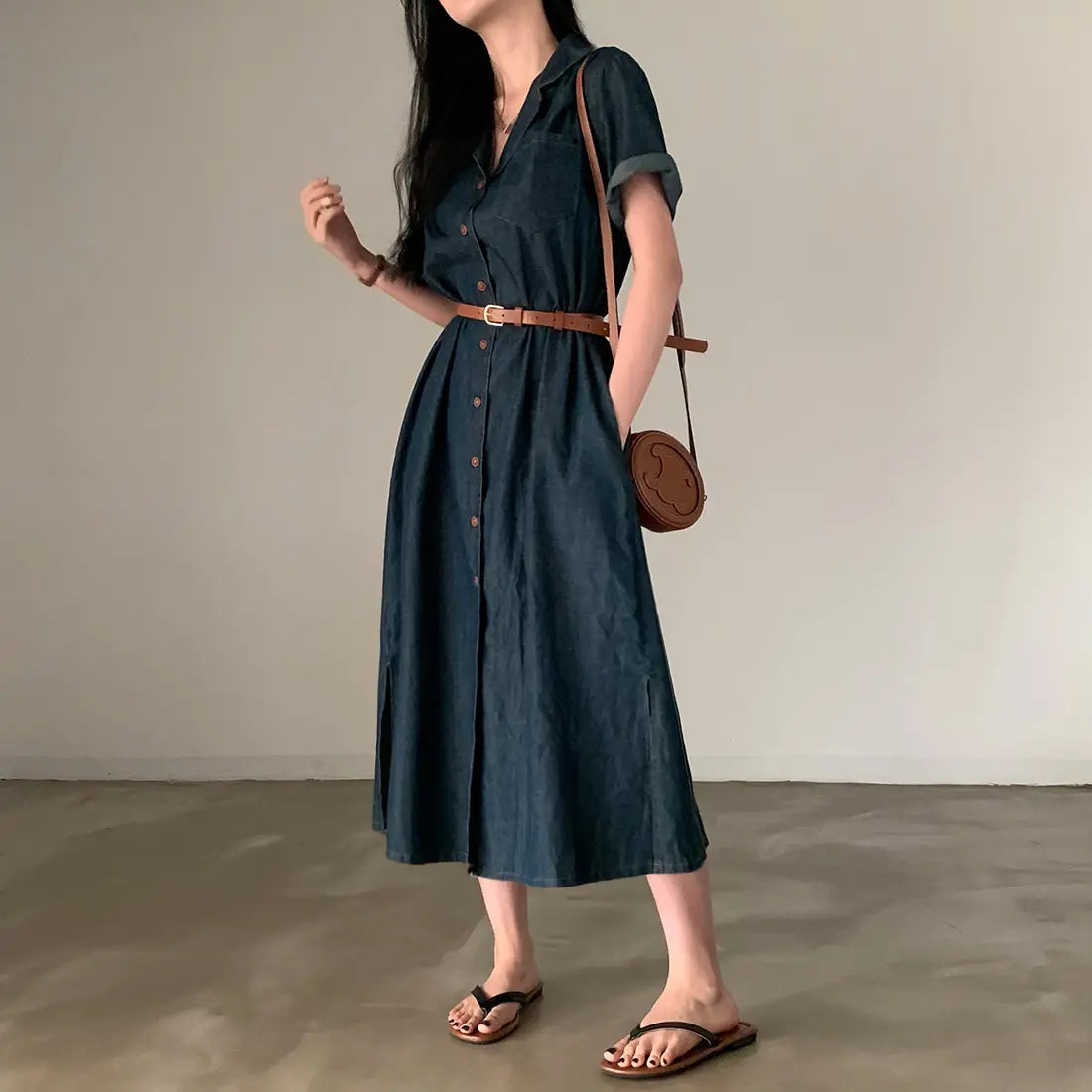 Slimming Chic Retro Chic Long Dr with Belt High Waist A-Line Skirt ort Sve Korean Sle Commute Dr Denim Dr