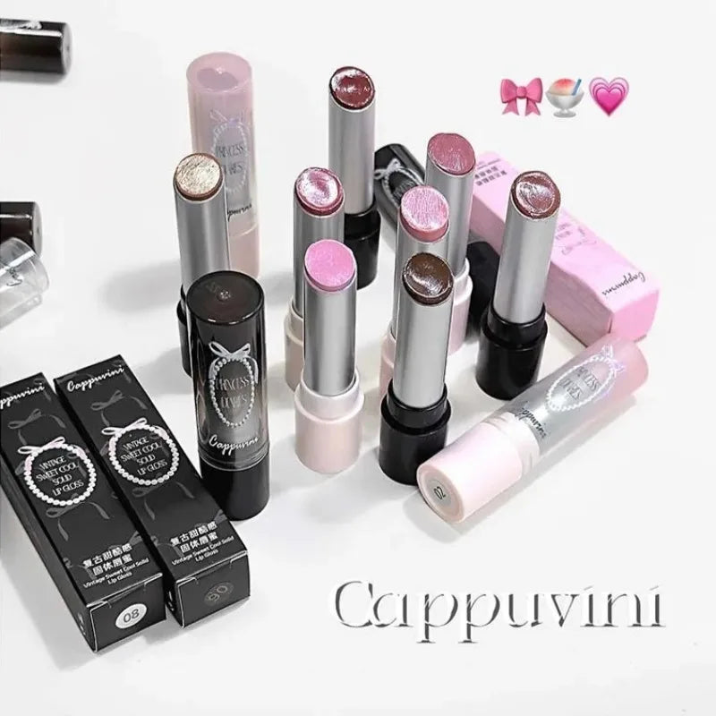 Pink Crystal Mirror Glass Solid Lip Gloss Round Tube Water Light Jelly Lipstick Moisturizing Clear Lip Glaze Nude Brown Lip Tint
