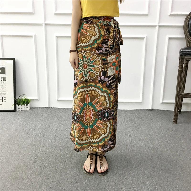 Vacation Style Wrap Skirt Beachside Long Skirt Women's High Waist A-Line Midi Skirt Floral Print One-Piece Summer Spring