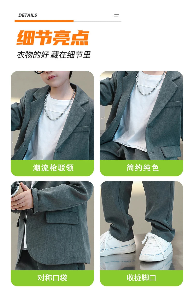 junior Boys Suits Autumn Long Sleeve Casual Blazer Jacket Trouser 2pcs School Uniform Teen Kids Clothes pants Set Child Cosutme