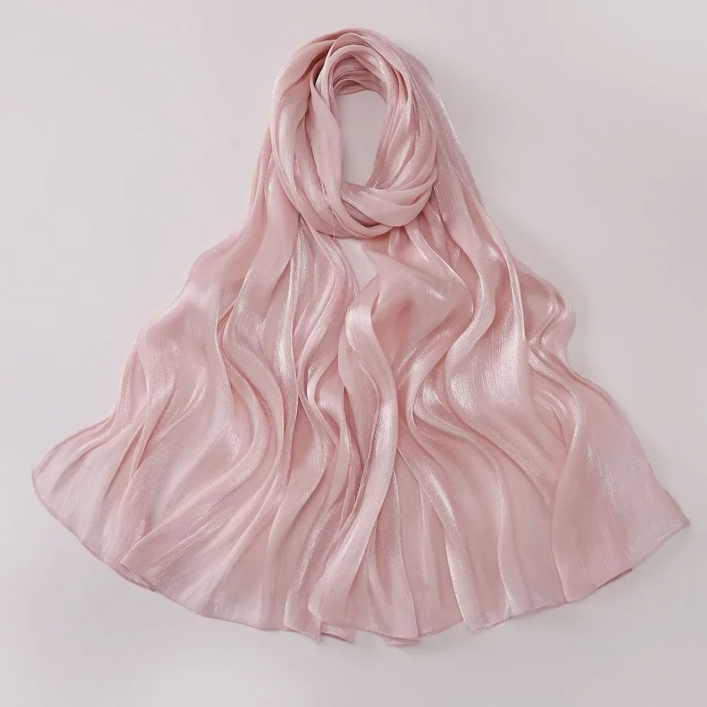 Fashion Solid Color Silk Scarf Chiffon Shining Chiffon Hijab Veil Soft Long Sunscreen shawl Outdoor