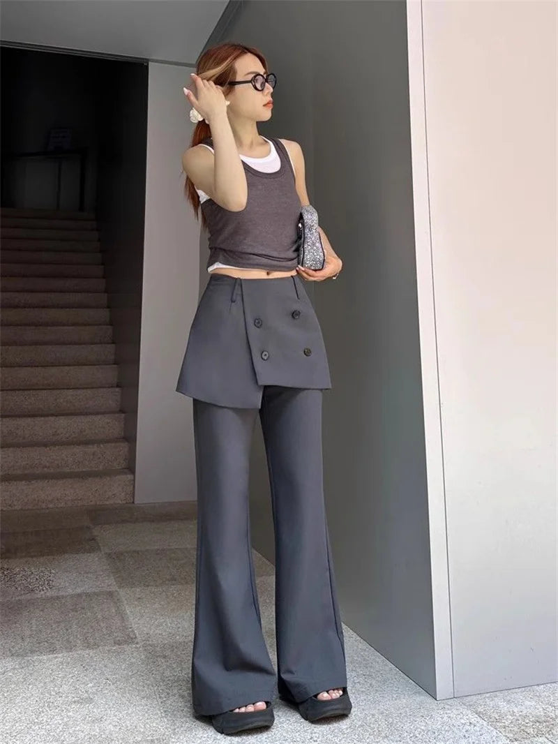 Korean Women's Apron Pants Short Skirt Patchwork Fashion High Street Fake Two Pants Solid Color High Waist Flared Pants 937P
