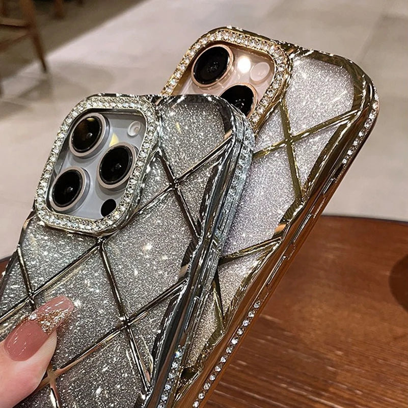 Luxury Diamond Case for iPhone 16Pro 15Pro Max Rhombus Transparent Plating Soft Silicone Cover for iPhone 15 16 13 12 14 Pro Max