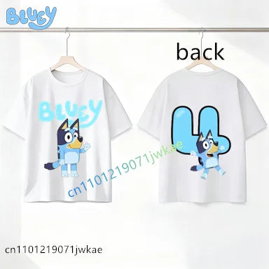 Bluey Birthday Number T-shirt 1-9 Y Kids Front Back Print Cute Cartoon Short Sleeve Boys Girls Summer Tops Birthday Party Gifts