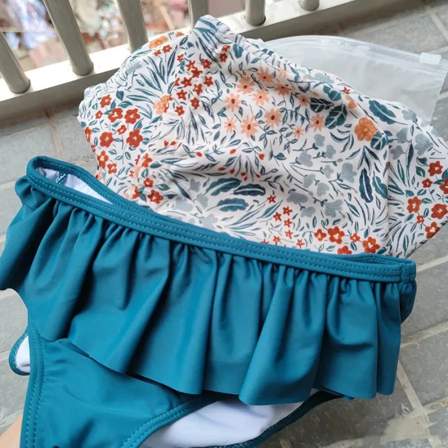 2026 Summer RC Baby Girls Long Sleeve Swimwears Floral Swimsuit Kids Bikini Set Girls Sunscreen Bodysuit One-piece Suits 1-12Y