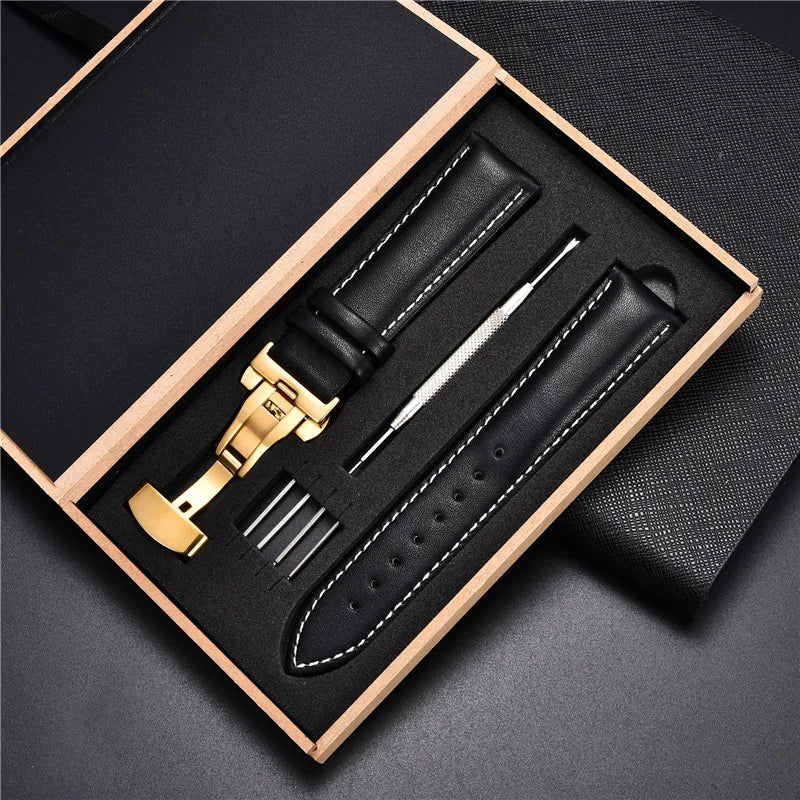 18mm 20mm 22mm 24mm Leather Watch Strap with Box Stainless Steel Butterly Clasp Leather Strap Bracelet Men Women Watchbands
