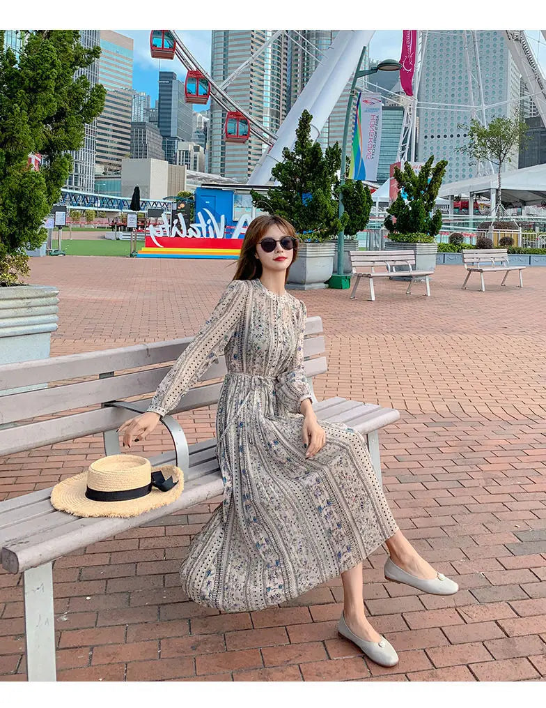 Retro Dress Spring Summer Long Sleeve Floral Chiffon High Waist Court Over Knee Popular Inside Women's Dress 2022Vestidos Office