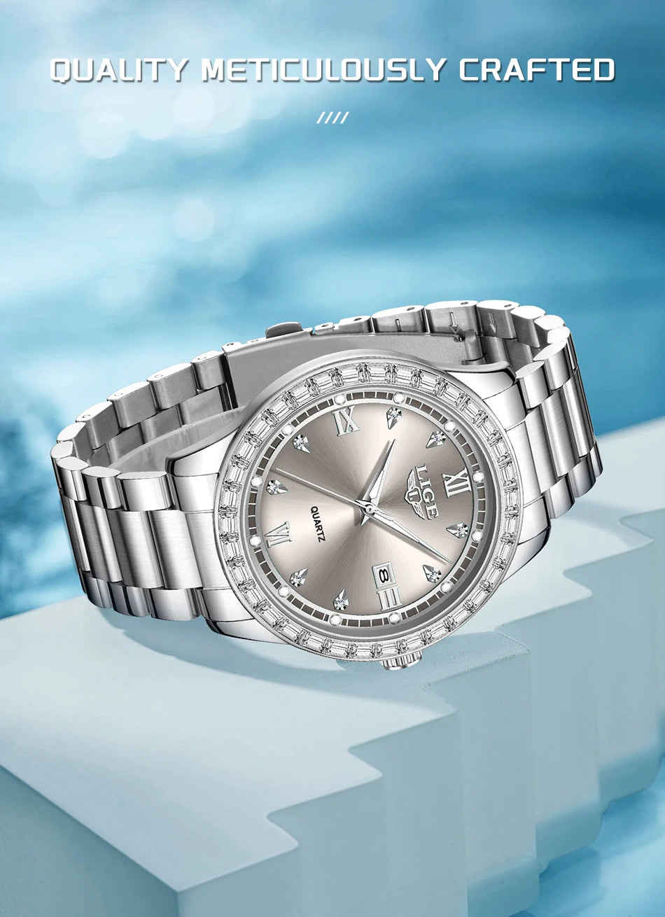 LIGE Creative Diamond Design Watch Women Waterproof Stainless Steel Luminous Ladies Watches Simple Elegant Quartz Wristwatch