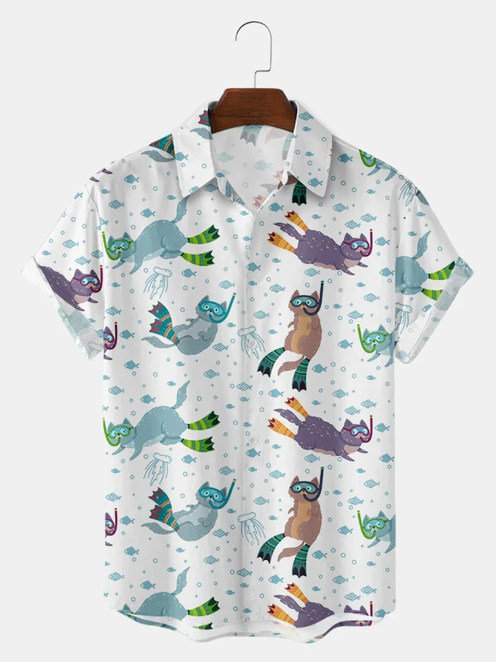 Fashion Men's Casual Sea Life Graphic Short Sleeve Shirt Button Down Lapel Shirts Oversized Tops Casual Hawaiian Shirt for Man