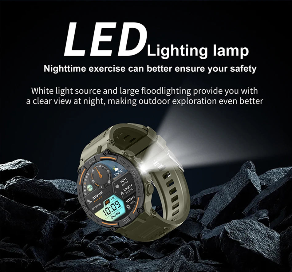 Outdoor Military Rugged Smartwatch Men GPS Sports Fitness Waterproof Watch Bluetooth Call with LED Lights Smart Watch