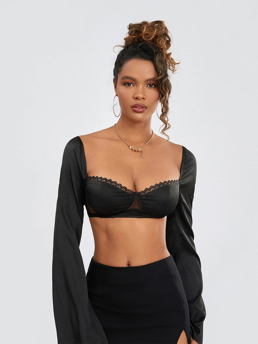 Women Long Sleeve Crop Tops Mesh Lace Trim Sweetheart Neckline Tie-Up Backless T-Shirts Spring Fall Slim Fit Shirts Streetwear