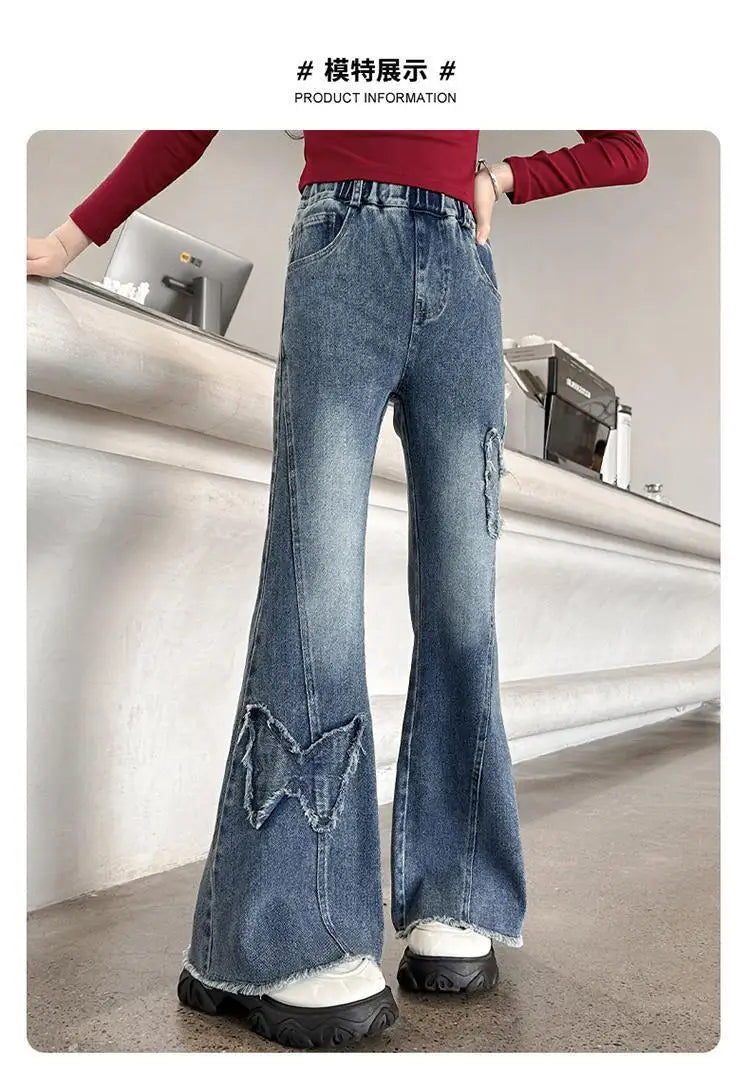 New Junior Girls Denim Pants Ins Bow Patchwork Children Girls Flared Pant Loose Elastic Waist Casual 4-14Y School Girls Trousers