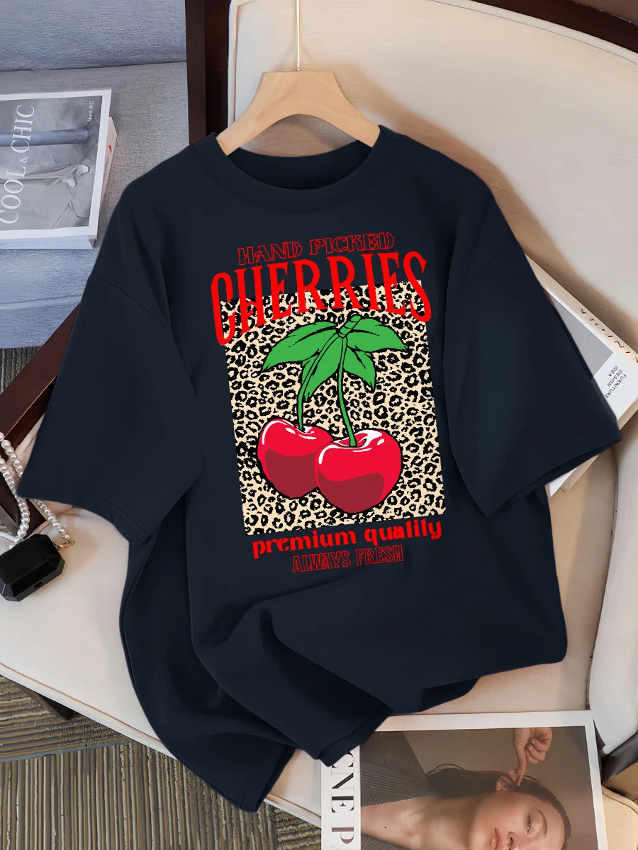 Hand Picked Cherries Always Fresh Printing T-Shirt Women Cotton Crewneck T Shirts Summer Loose Clothes Multicolor Short Sleeve