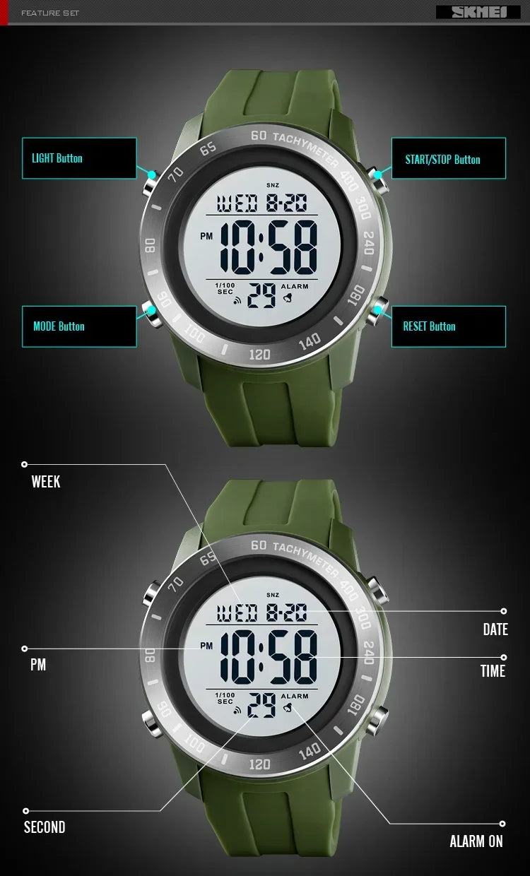 SKMEI 1524 2 Time LED Digital Wristwatches For Mens Waterproof Chrono Count Down Male Hour montre homme Big Dial Sport Men Watch