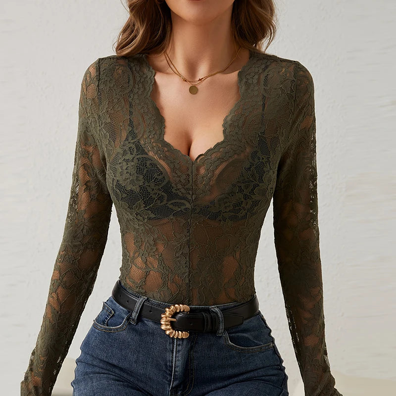 Sexy Lace T Shirt Women Elegant V Neck Slim Tops Female Fashion Solid Long Sleeve Shirts For Women Tee White Black