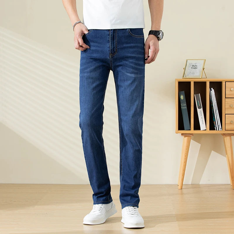 Summer Thin Mens Clothing Cowboys Slim Straight Jeans Men Denim Pants Casual Regular Fitness Men's Trousers Light Blue 2025