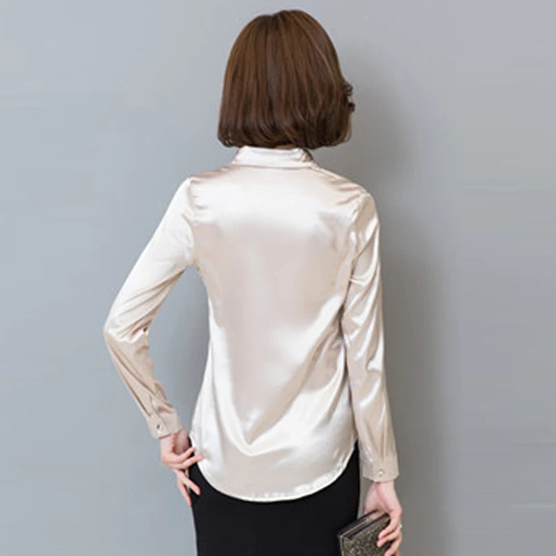 Women silk satin blouse button long sleeve lapel ladies office work elegant female silk blouses shirts