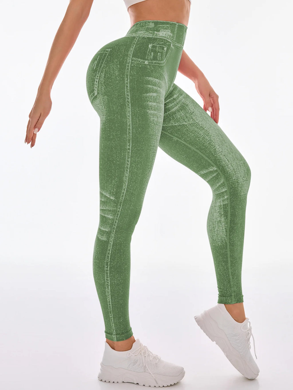 Women's Gym Printed Yoga Tight Pants Seamless High Waisted Denim-like Perforated Fake Pocket Tight Pants Yoga Fitness Leggings