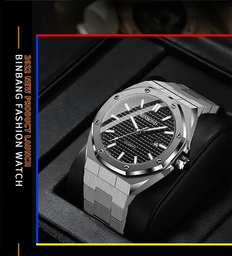 BINBOND 0233 Luxury Fashion Men's Quartz Watch Stainless Steel Large Dial Waterproof Night Light Men's Watch Clock