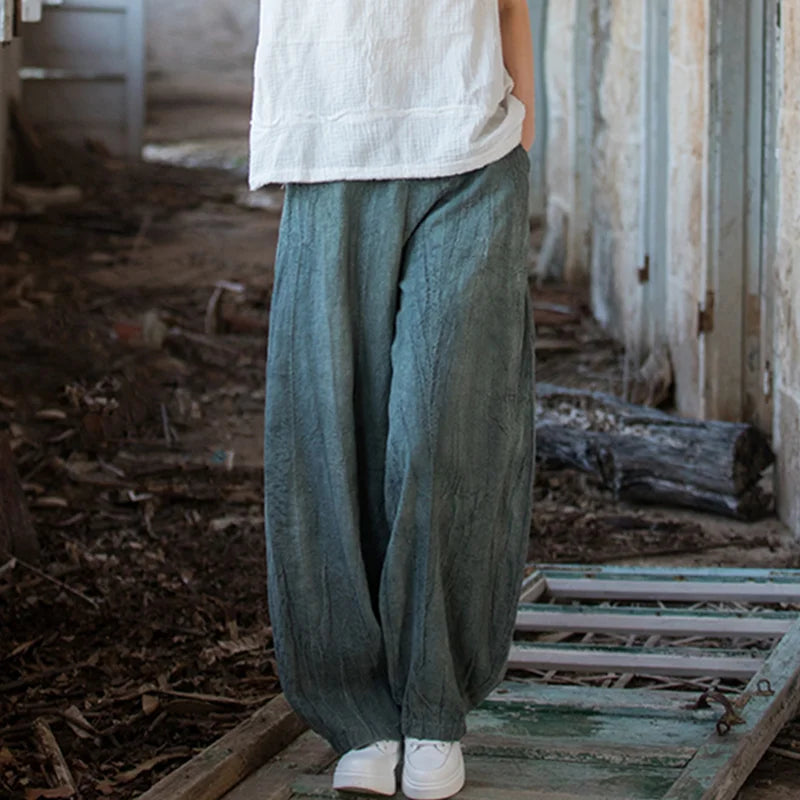 Elegant Women's Cotton Linen Baggy Cargo Pants Vintage Elastic Waist Yoga Trousers Loose Casual Long Wide Leg Oversize Clothes