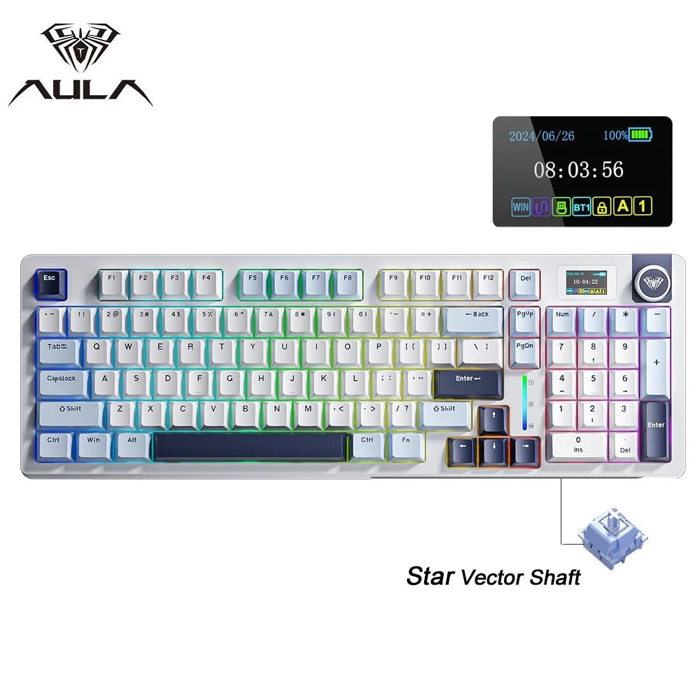 AULA S98pro Wireless Gaming Keyboard BT/USB-C/2.4G PBT Keycaps RGB Hot-swap Esports Mechanical Keyboard with Multi-function Knob