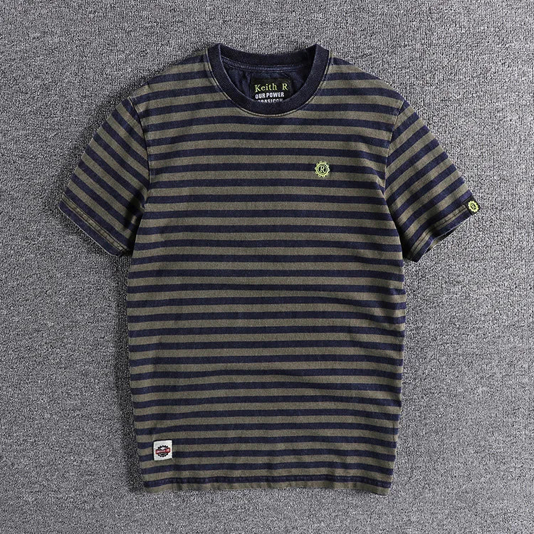 Retro and Aged Casual Short-sleeved T-shirt, High-quality Men's Striped Cotton T-shirt, Sweat-absorbing & Breathable Sports Top