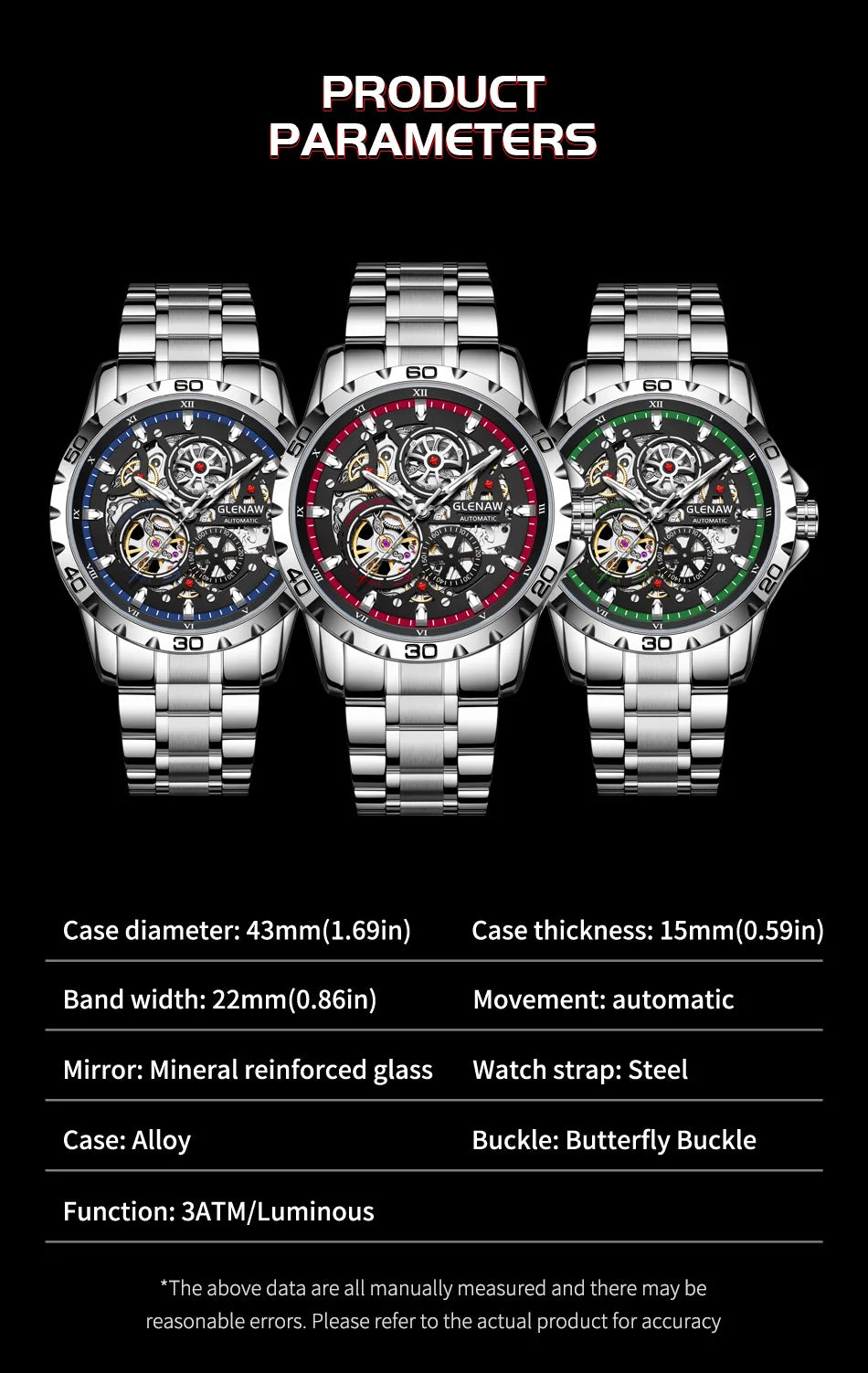 2025 GLENAW NEW Steampunk Skeleton Men Watch Luxury Automatic Mechanical Watches Luminous waterproof Stainless Steel Strap Watch