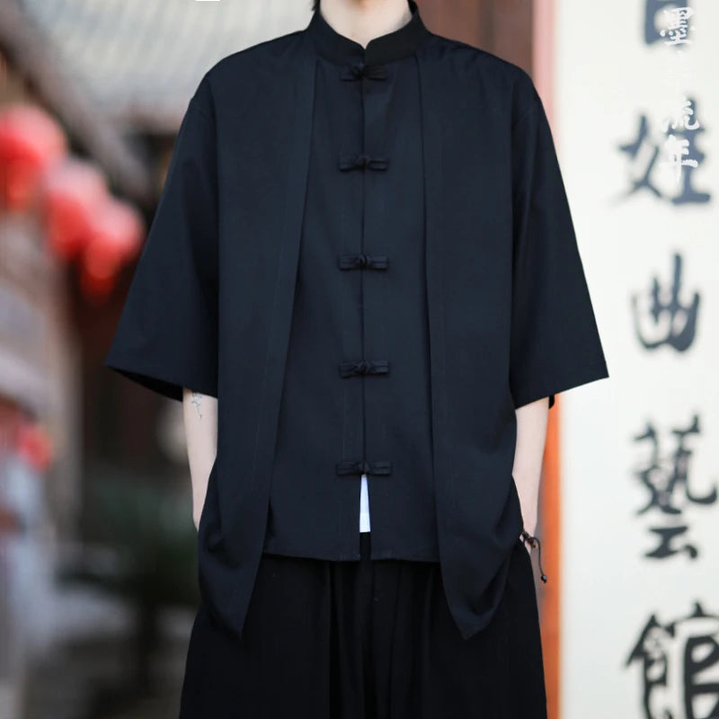 Chinese Shirt Men Ice Silk Chinese Style Comfortable Breathable Retro Shirt  Men Casual Summer Loose Fit Fashion Solid Color Top