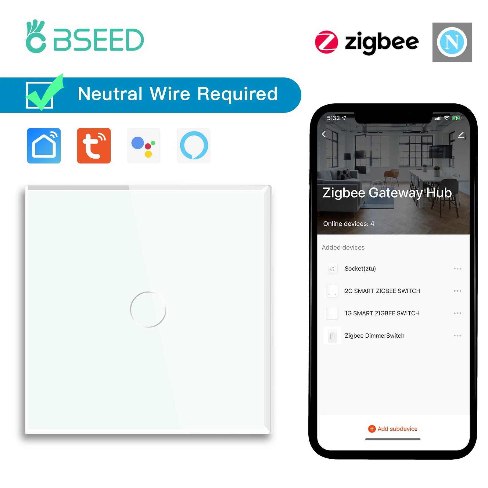Bseed EU Zigbee Touch Switch 1/2/3Gang 2Way Smart Light Switch Wall Socket USB Type-C Charge Port Tuya Google Home Alexa Control