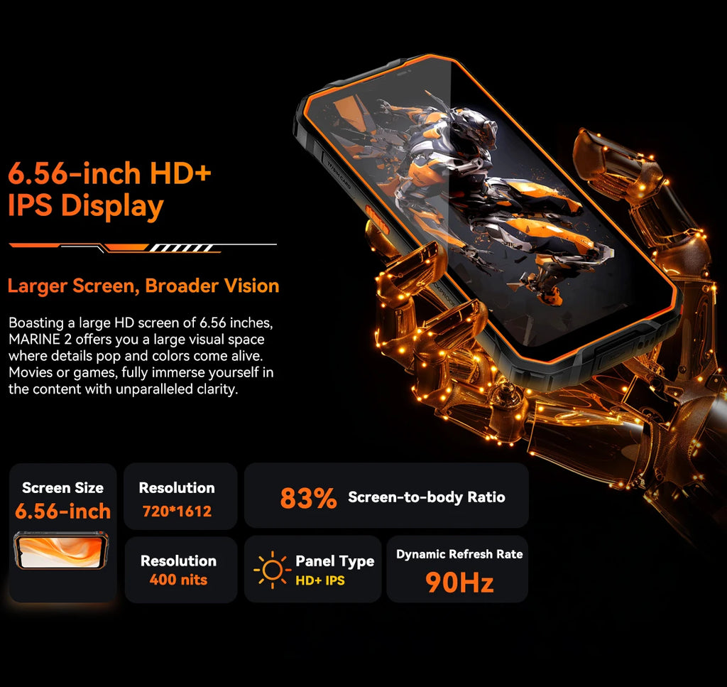 Blackview MARINE 2 Rugged Smartphone 6.56-inch HD+ IPS 90Hz Display 11000mAh 8GB 128GB Android 15 NFC 16MP Camera Cellphone